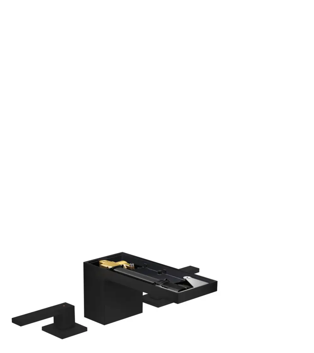 Schwarze Waschtischarmatur von AXOR mit drei Komponenten, einschließlich eines Hebels und einer Ablaufgarnitur, präsentiert in einem minimalistischen Design.